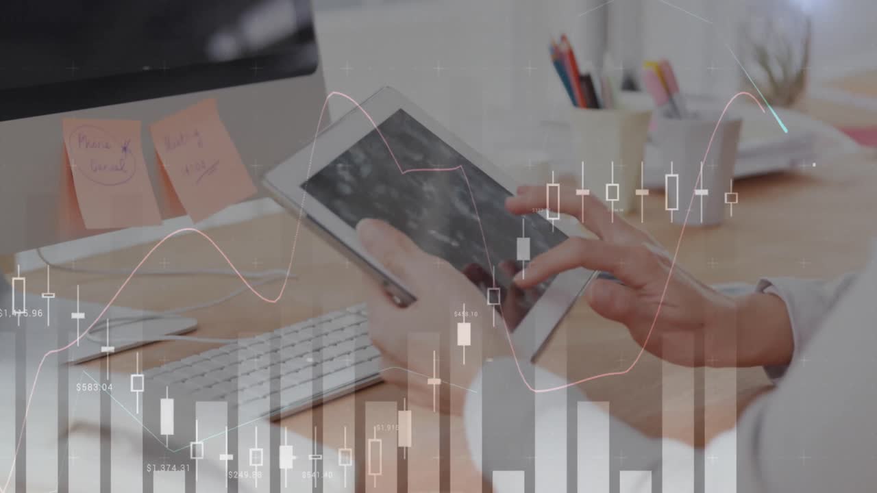 animación de múltiples gráficos con números, sección media de una mujer caucásica escribiendo en una tableta digital