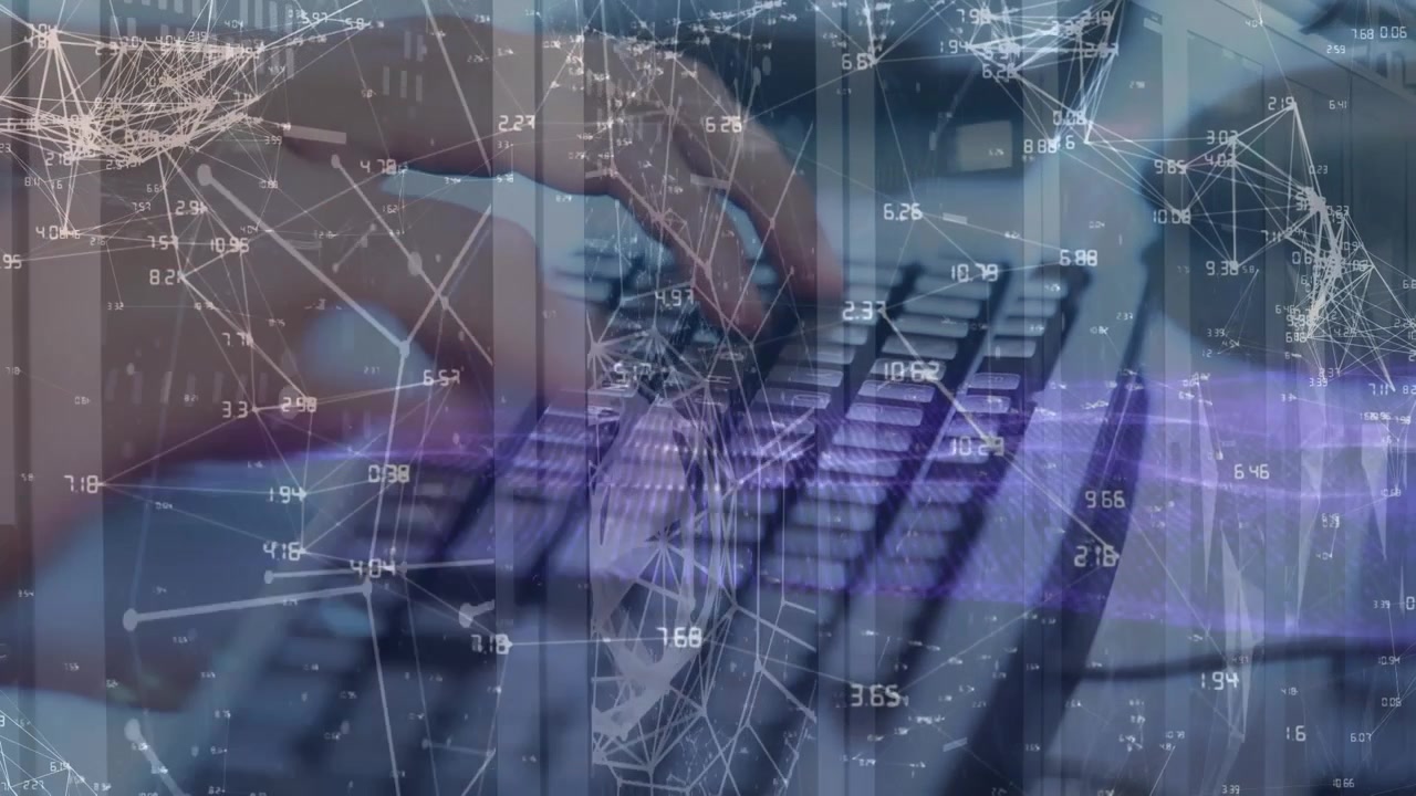 Animaatio yhteysverkostosta miehen kirjoittaessa tietokoneen näppäimistöllä.