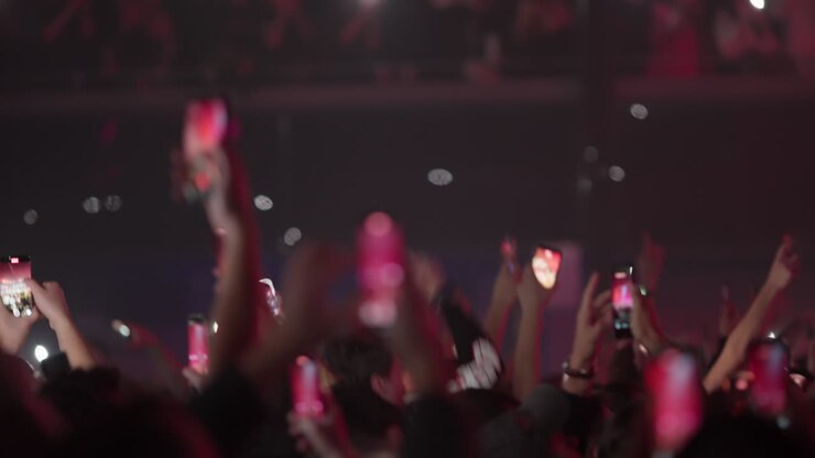 Folla di concerti con telefoni e luci