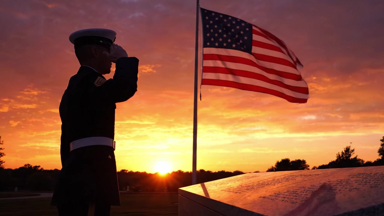 Un solenne tributo al sacrificio: una guardia d'onore militare saluta la bandiera americana al tramonto, riflettendo sui valori di libertà e patriottismo in un contesto cerimoniale