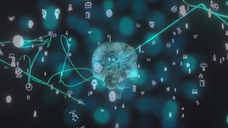Animation of digital brain spinning over media icons