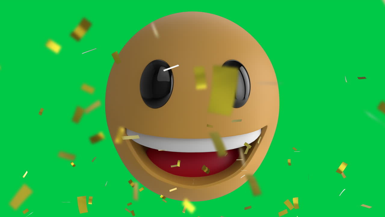 Animazione di coriandoli dorati che cadono su un'emoji con faccina sorridente su sfondo verde.