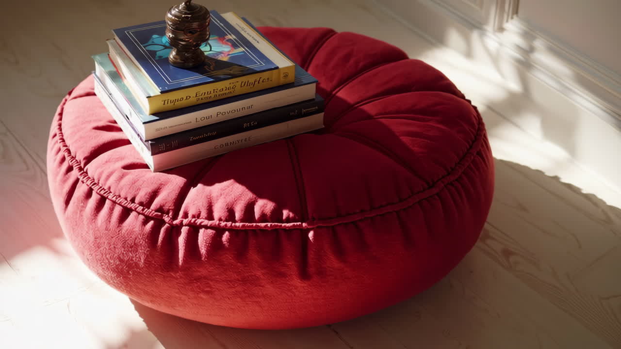 Red Pouf with Books in a Stylish Living Room