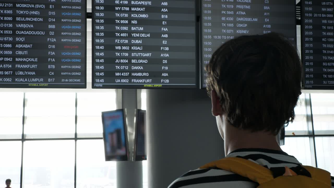 Man looking at airport flight information board