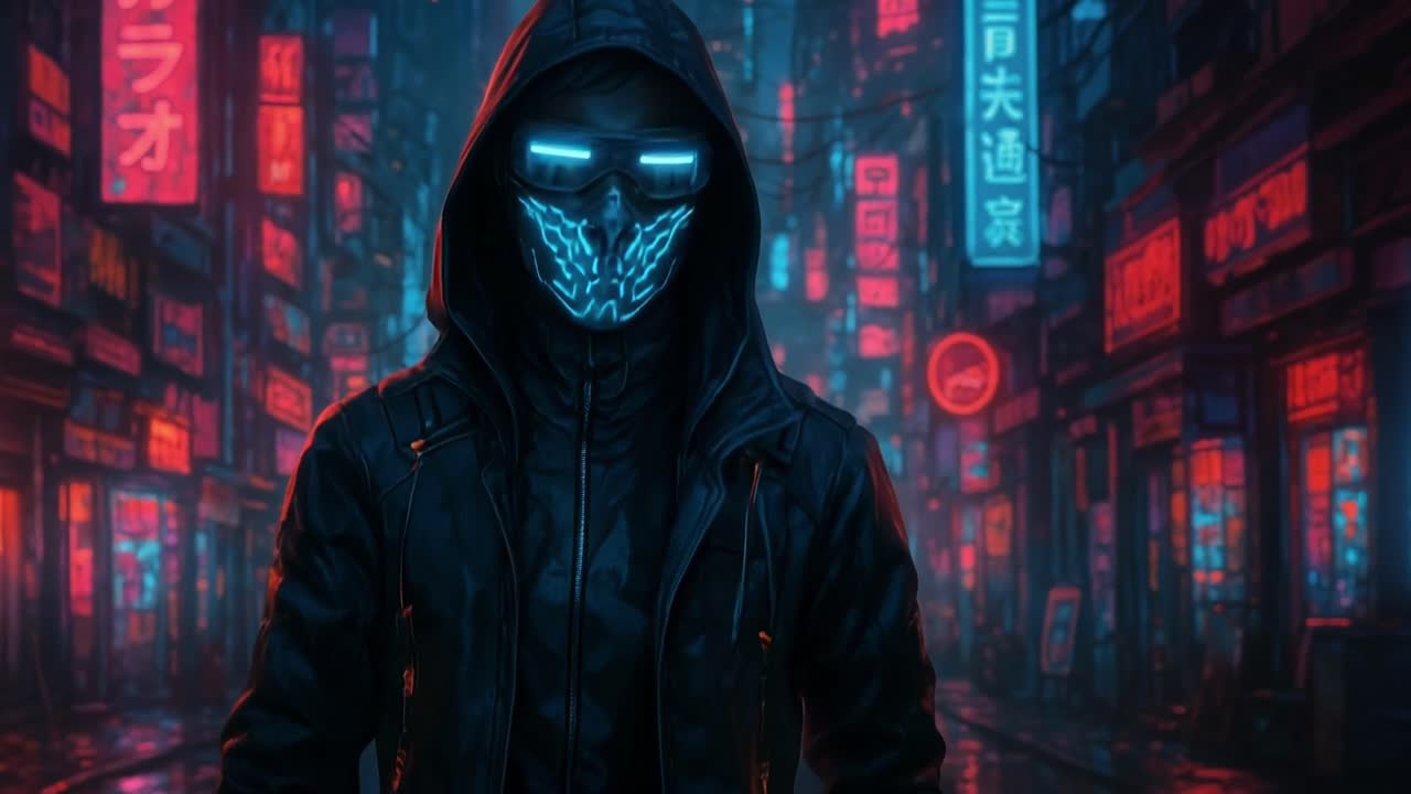 Cyberpunk-themed video still with a front-facing angle. A hooded figure with neon mask stands
