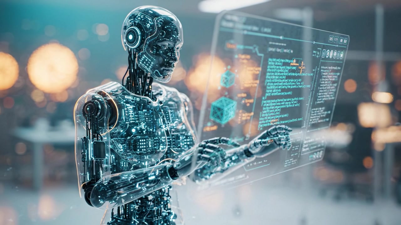A futuristic humanoid robot interacting with a holographic interface, showcasing advanced technology and artificial intelligence in a modern workspace environment.