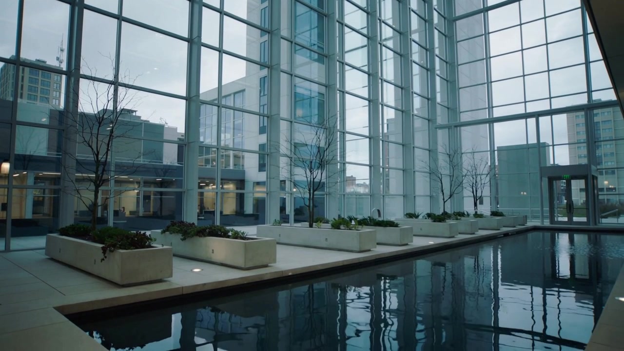 Opening panning camera revealing glass atrium moving right exposing pool reflections and planters