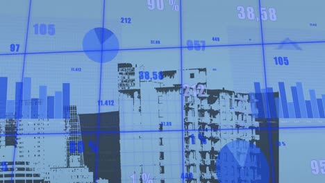 animazione di più grafici e numeri mutevoli su edifici moderni sullo sfondo