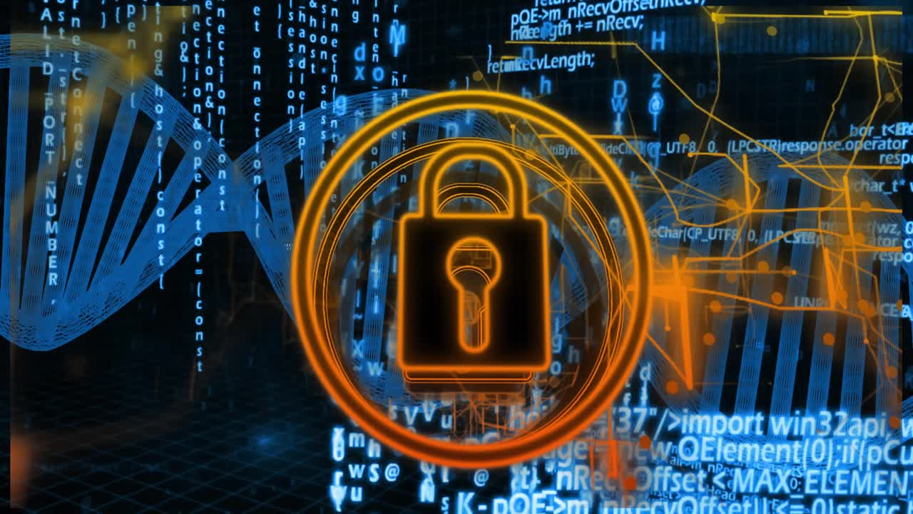 3D grid stretching spawning glowing padlock with rings, rotating DNA helix code securing data