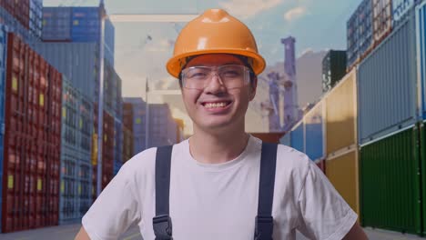 close up de hombre asiático trabajador con gafas de protección y casco de seguridad de pie con los brazos akimbo mirando a la cámara y sonriendo en el depósito de contenedores