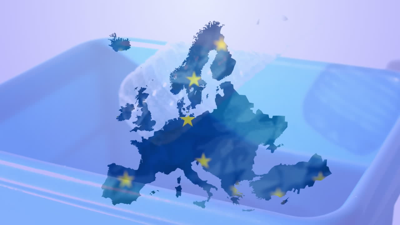 Animation af stjerner fra EU-flaget med genbrugskasser på lilla baggrund