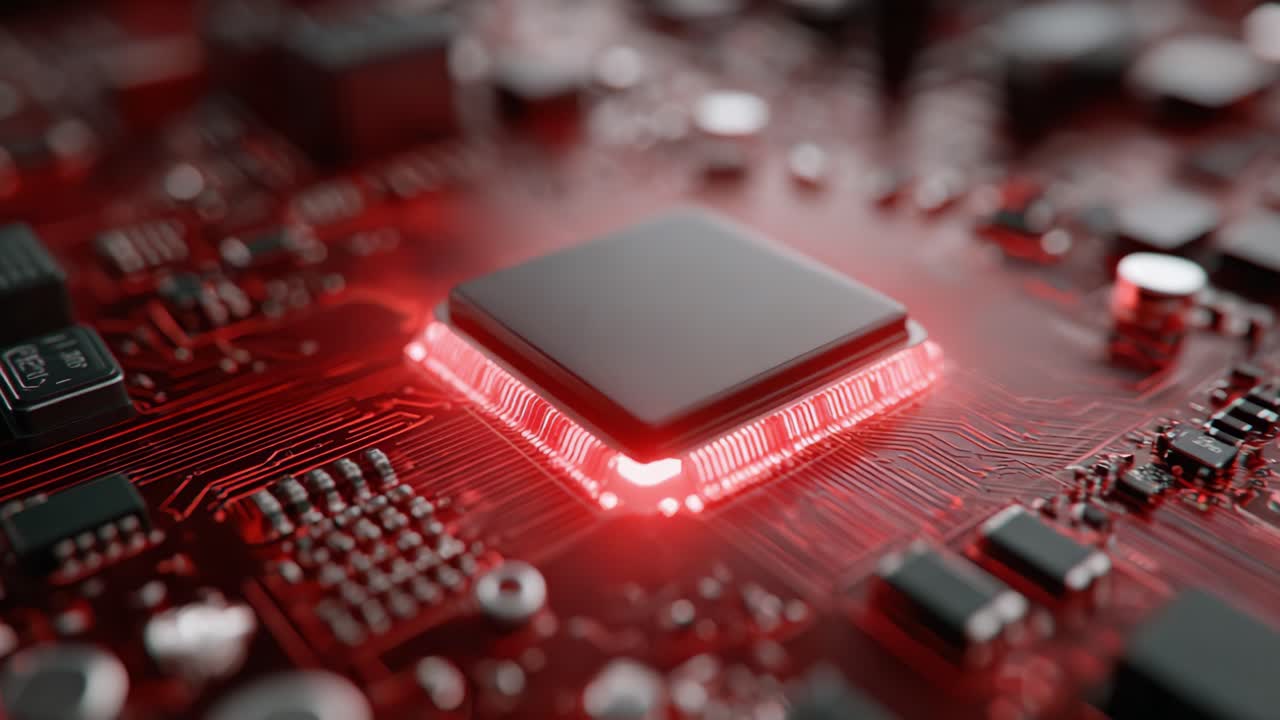 A Close-Up View of a High-Tech Microprocessor on a Red Circuit Board, Showcasing Intricate Connections and Modern Technology in Digital Electronics