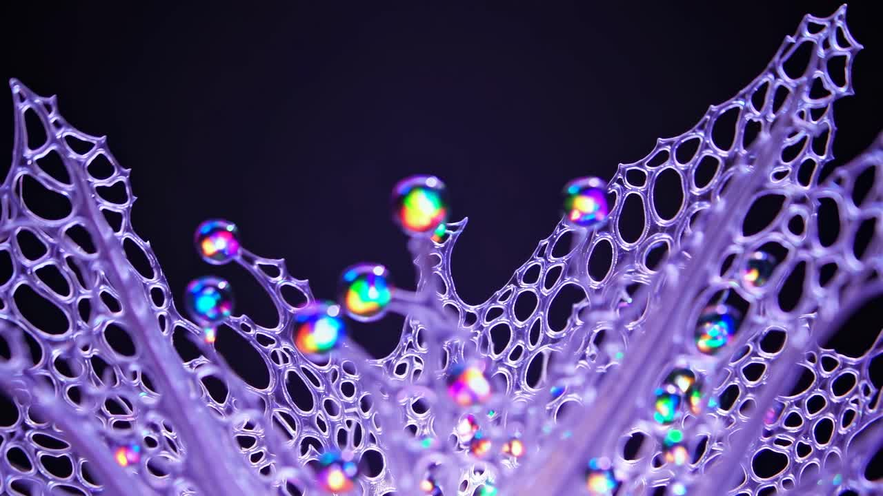 A close-up, low-angle shot of a futuristic, iridescent structure with vibrant colors