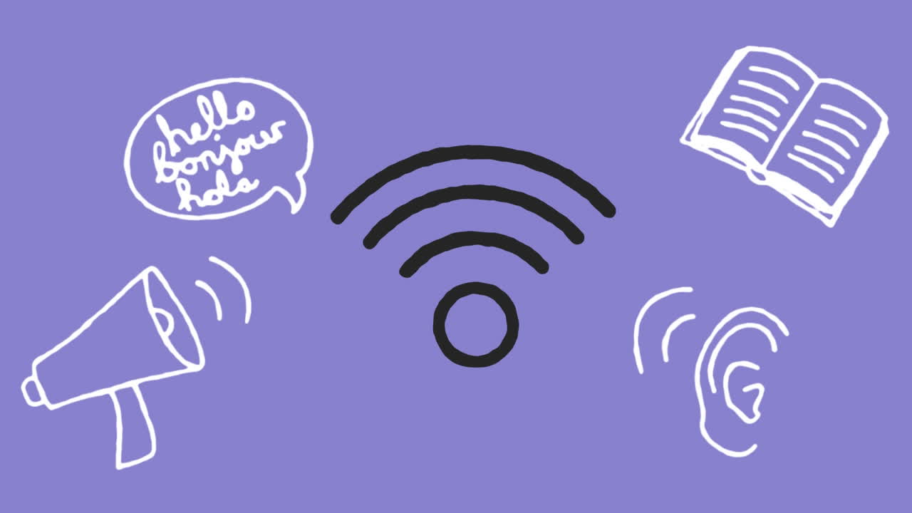 animación de iconos digitales flotando sobre un fondo púrpura