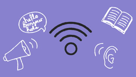Animation of digital icons floating over purple background
