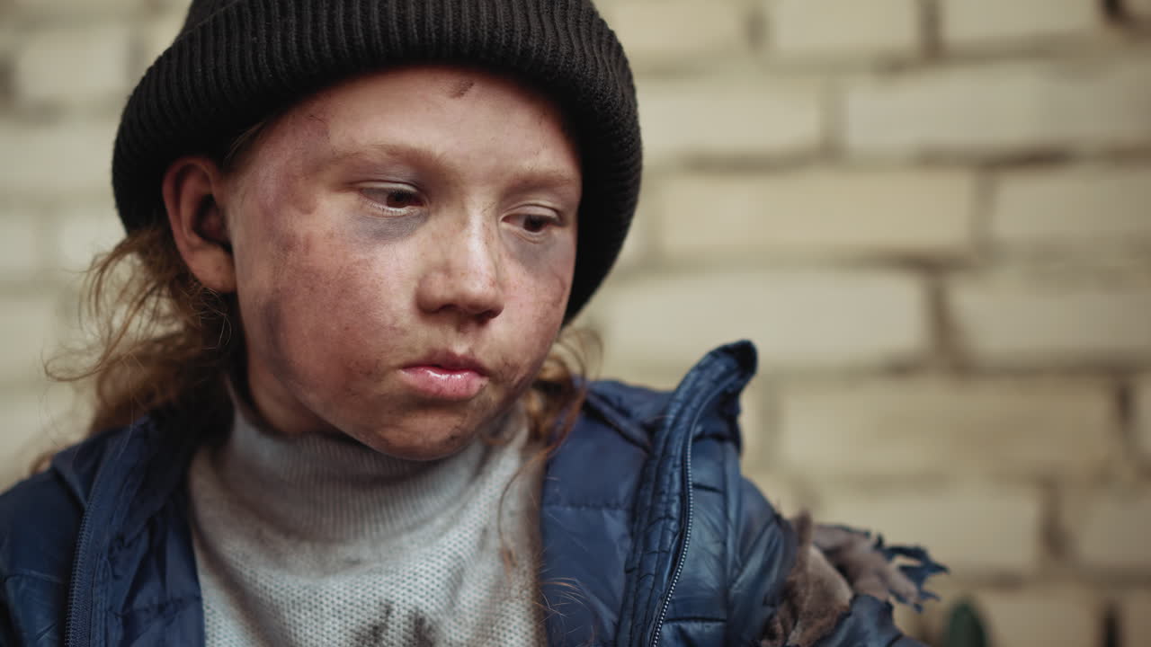 Sad young child with bruised face and dirty skin wearing dark beanie and blue jacket looks down with closed eyes against rough brick wall background