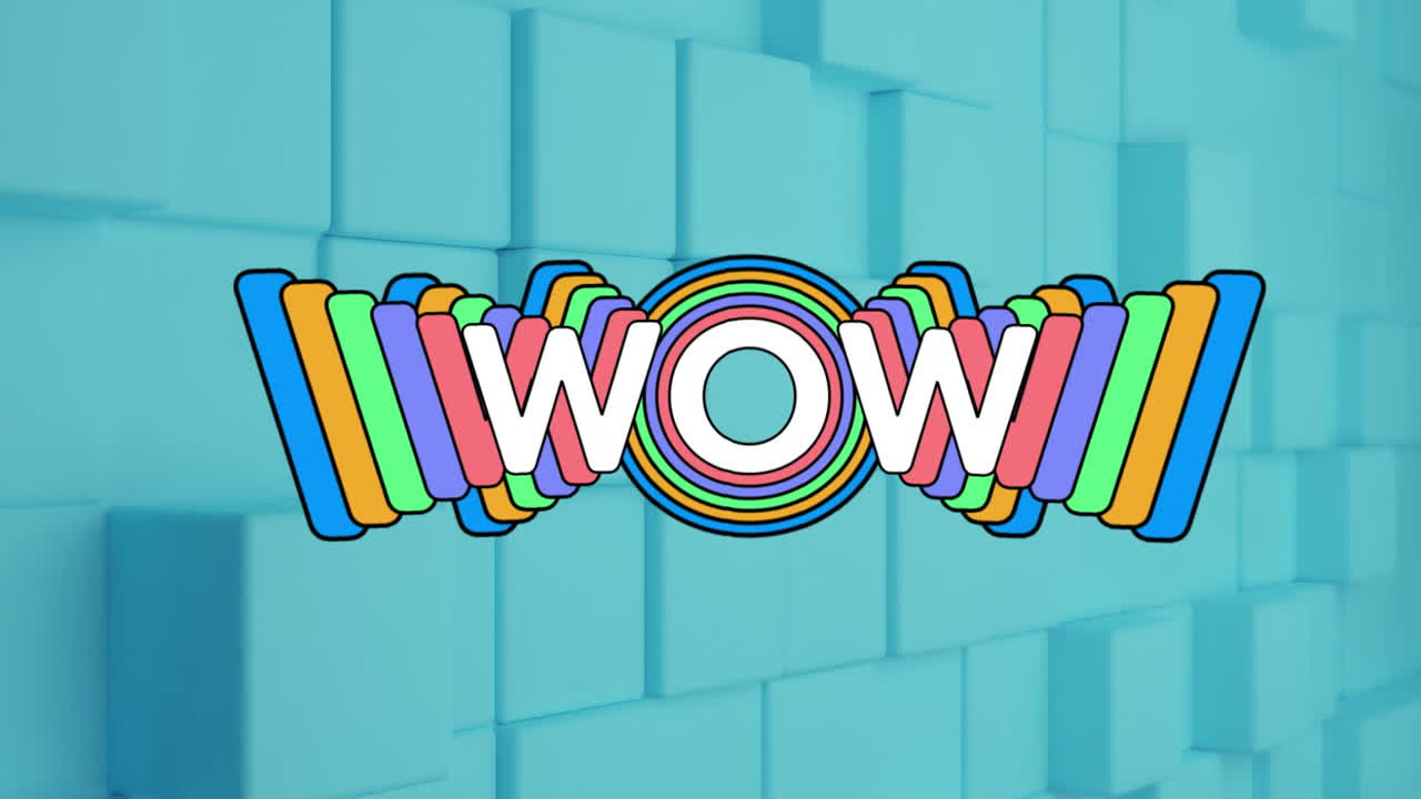 Animation of colorful WOW text with rainbow layers on blue geometric background