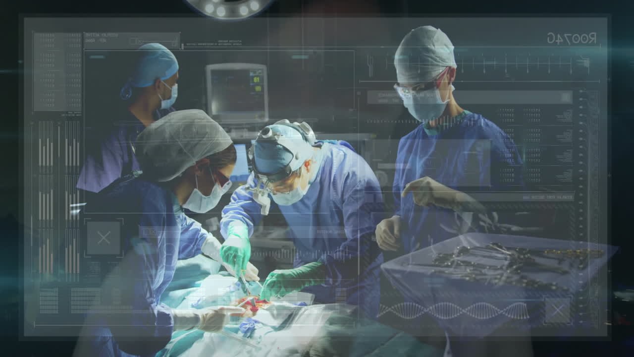 Medical team performing operation under surgical lights, displaying floating vital data charts
