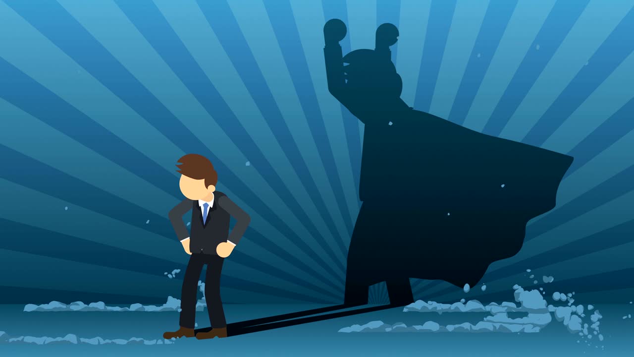 슈퍼히어로 그림자와 함께 서있는 사업가, 비즈니스 기호, 우승자 및 도전 개념, 만화 루프 애니메이션