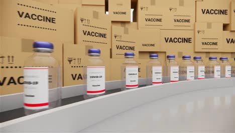 vaccine bottles on the production line. coronavirus vaccine has been certified and ready to injection. many families are waiting to be vaccination from covid-19 and sars, loop 3d render animation.