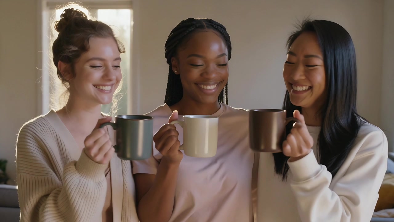 Tres mujeres sonrientes intercambiando miradas y levantando tazas de cerámica en la sala de estar, chocándolas para brindar.