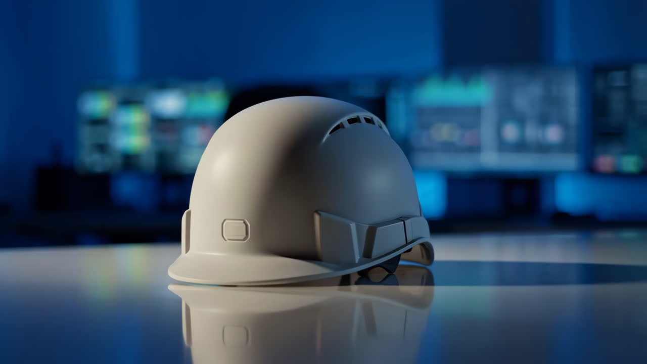 A white hard hat sits on a reflective table in a control room, with blurry monitors in the background