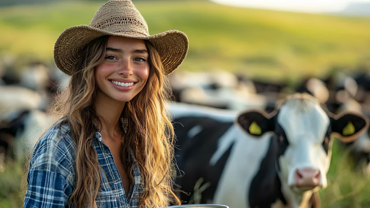 Smiling woman farmer with cows. A young woman in a straw hat smiles while standing in front of a herd of black and white dairy cows in the countryside