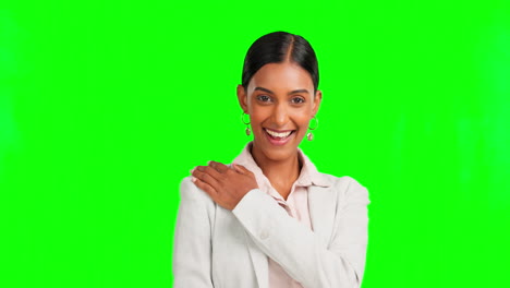 Happy-woman,-face-or-pointing-at-isolated-green