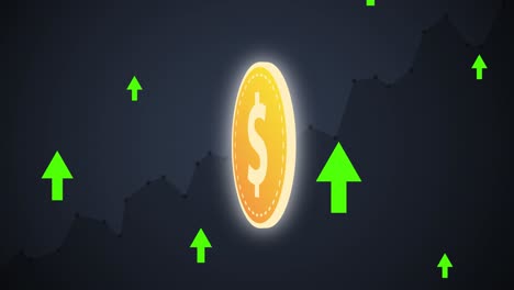 animation of green arrows going up with gold dollar coin and graph