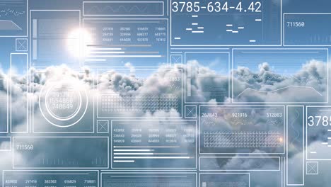 animation of interface with data processing against clouds in the blue sky