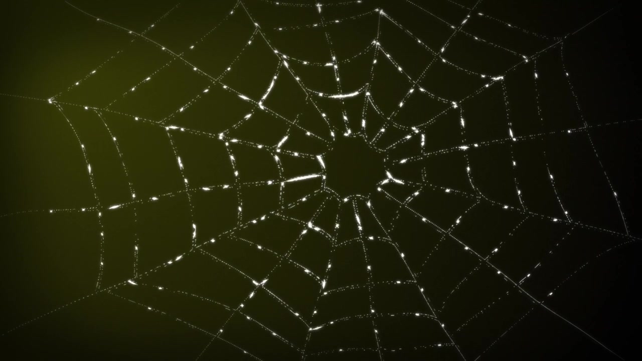 Animazione 3D di una ragnatela setosa e luccicante che pulsa e si gonfia su uno sfondo scuro e granuloso, effetti visivi astratti a tema horror e design di motion graphics spettrali con una sfumatura di colore giallo