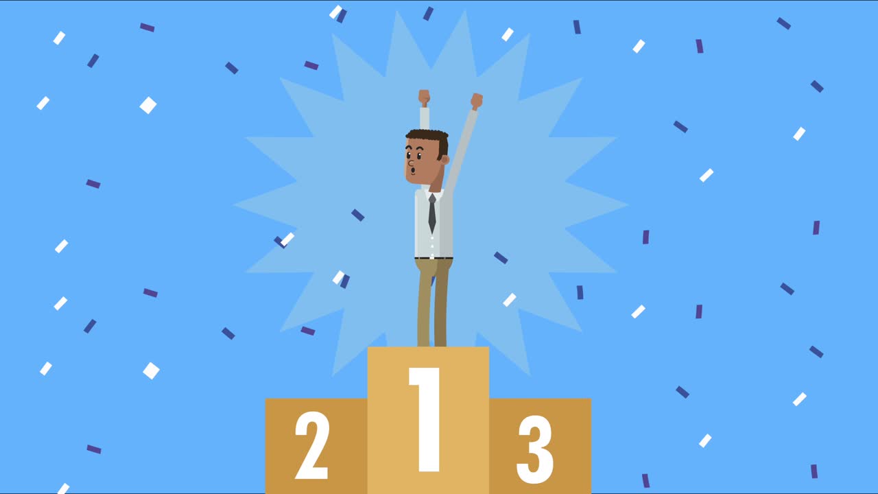 un hombre de negocios afro celebrando en el podio.