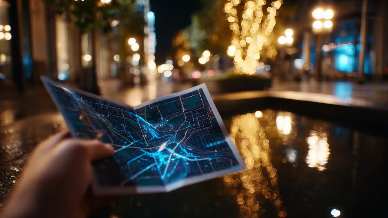 A nighttime urban scene featuring a hand holding a glowing digital map near a reflecting water fountain, surrounded by beautifully lit trees and soft city lights, creating a captivating atmosphere of exploration
