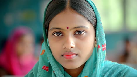 confident young female student wearing traditional clothing standing in classroom, looking directly at camera with determination and hope for future academic success