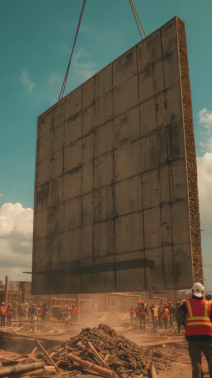 Vertical video: Crane lifting precast panel swinging for placing at jobsite crew in vests signaling