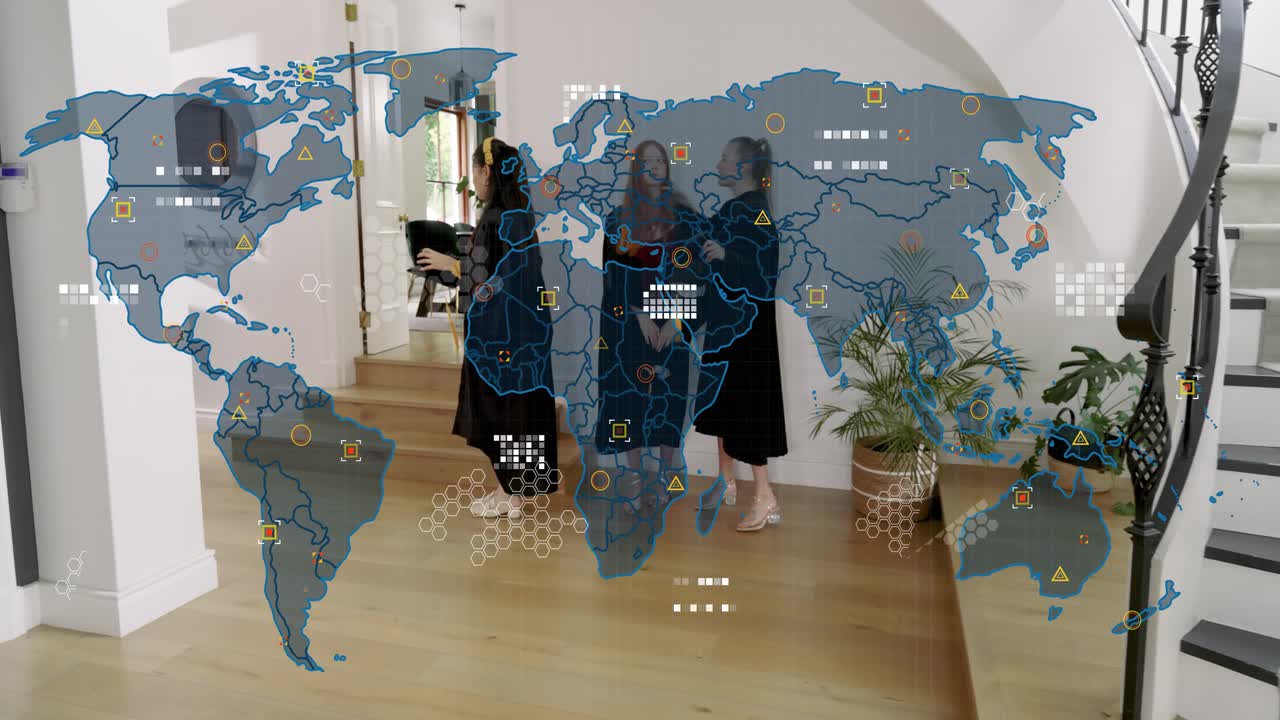 Education grads descending stairs after diplomas, celebrating, world map overlay obscuring robes