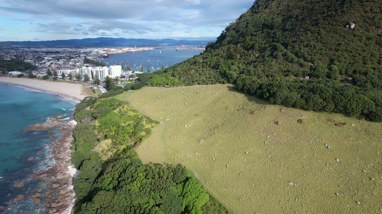 Aerial panorama of Mount Maunganui, New Zealand, featuring coastline, city, harbor, and mountain