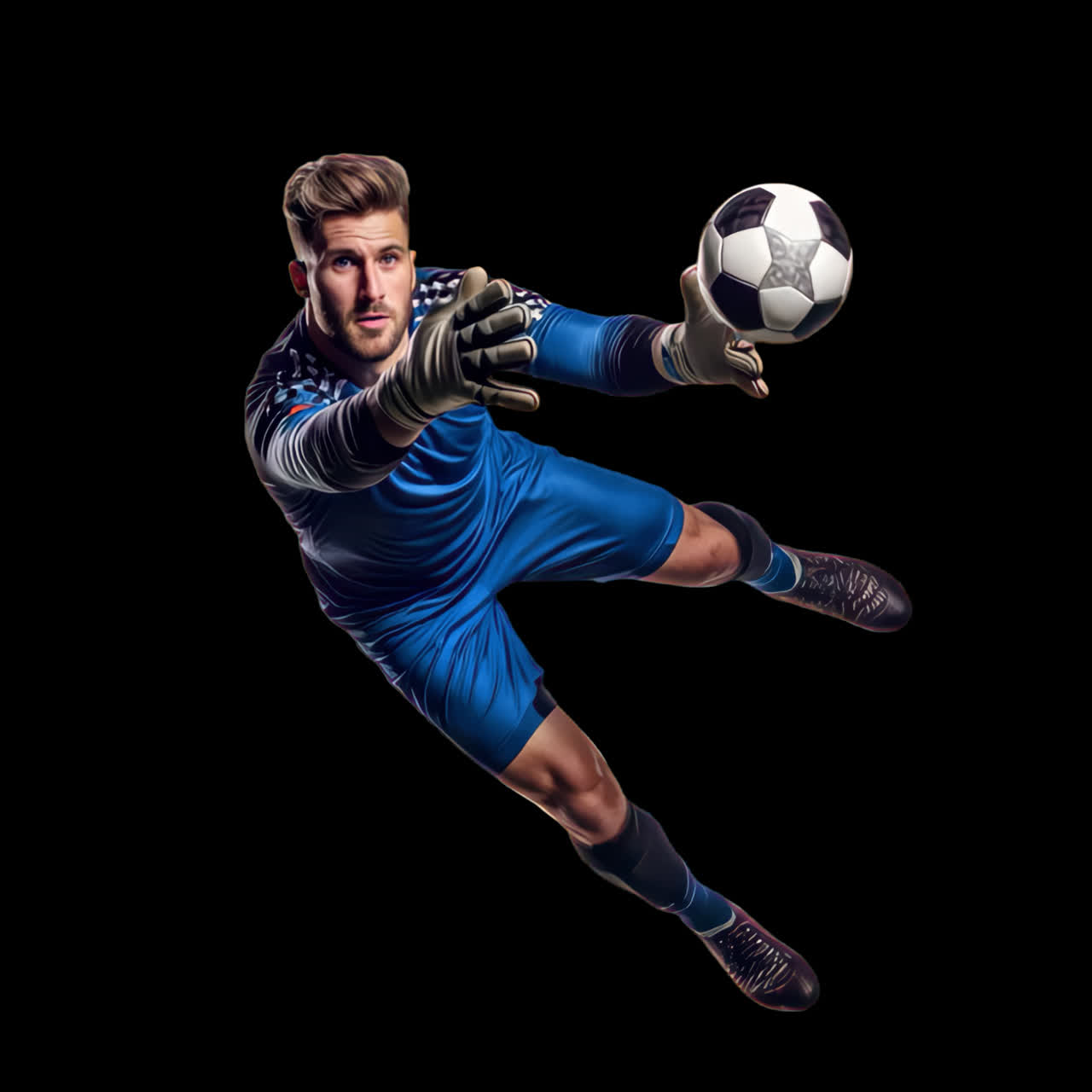 Dynamic goalkeeper catching soccer ball animation isolated asset, transparent 4K video, alpha