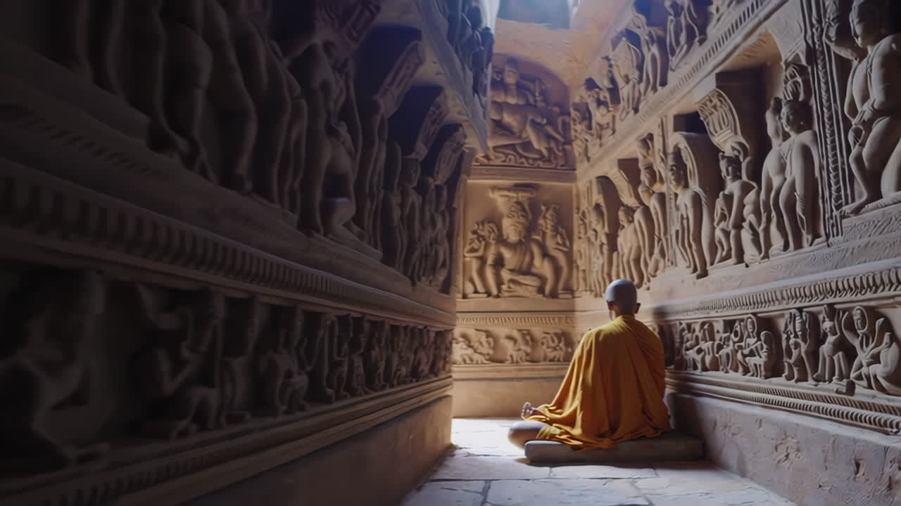 Meditating Monk in a Carved Temple Hall