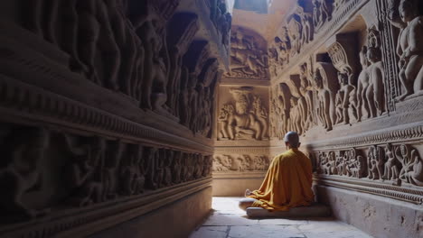 meditating monk in a carved temple hall