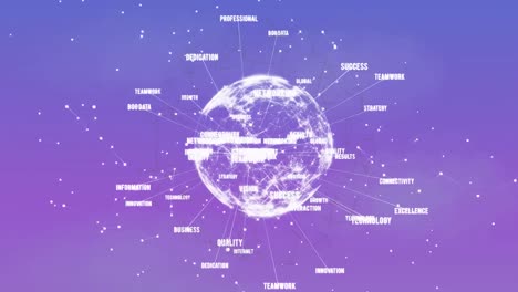 Animation of clock moving fast over globe on purple background