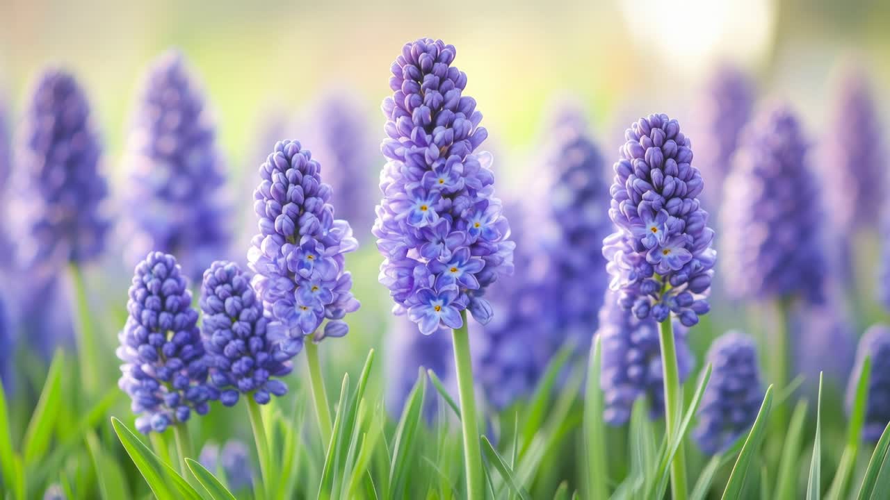 Nærbilledvideo af livlige lilla blomster i fuldt flor, optaget fra en lav vinkel, blødt fokus