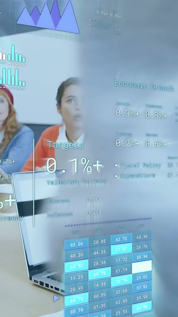Vertical video: Lead woman looking up after peer sliding doc, finance HUD tagging growth for review