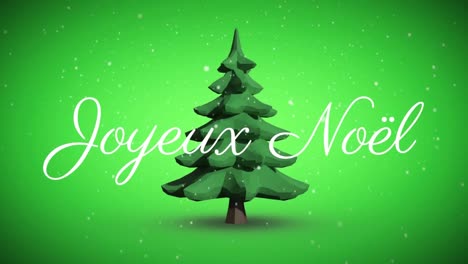 Animation-of-joyeux-noel-christmas-greetings-over-christmas-tree-on-green-background