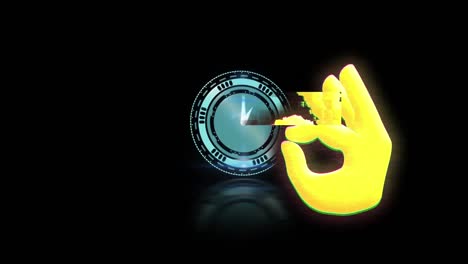 Animation-of-hand-over-moving-clock-on-black-background