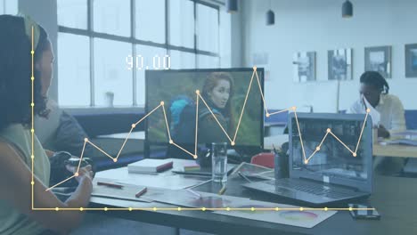 animation of data processing over diverse business people working at office