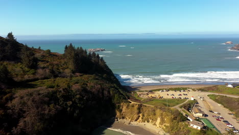 Trinidad-California-USA-fishing-dock-and-pier,-drone-backwards-reveal