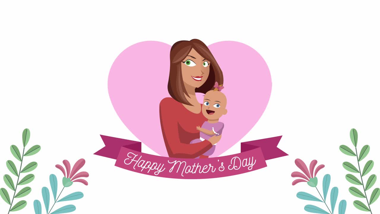 feliz día de la madre letras en el corazón con la mamá levantando el bebé