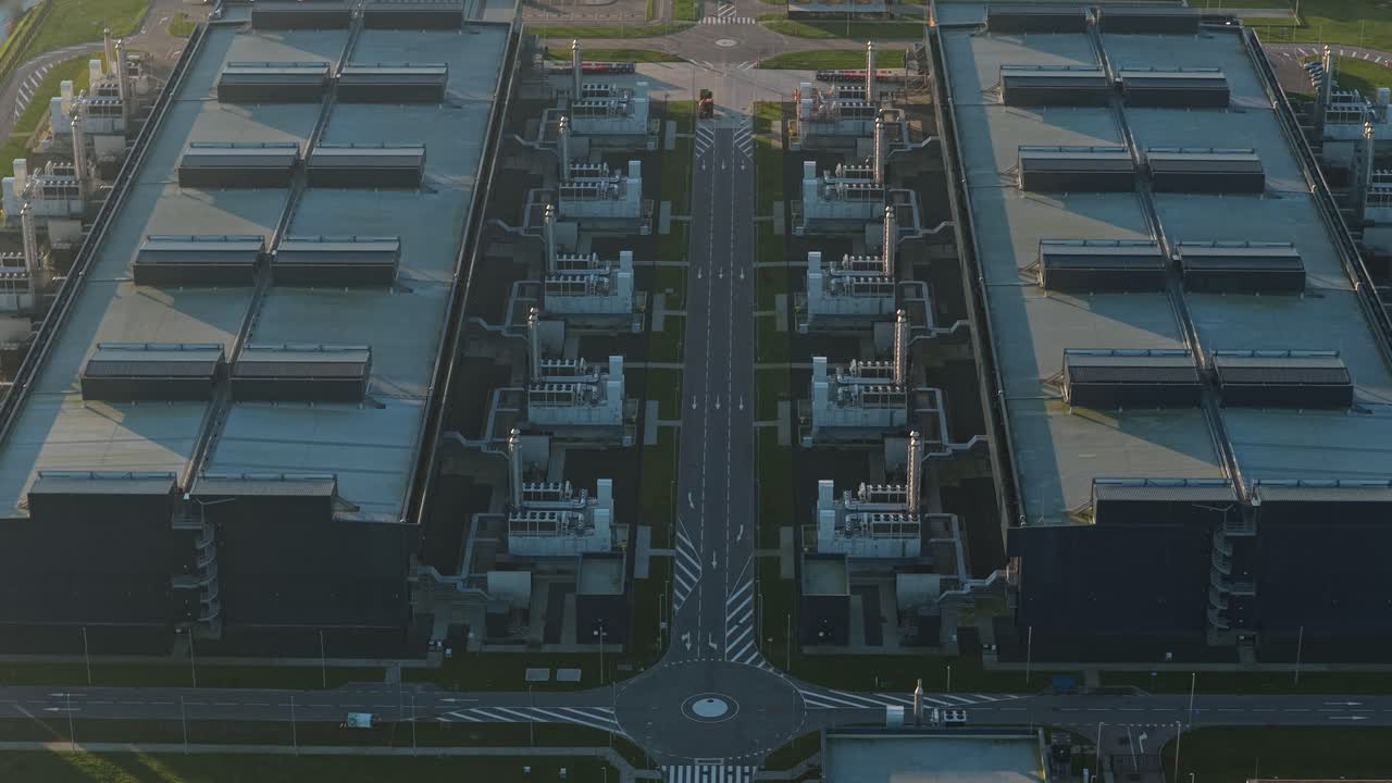 Aerial drone flying over data center hub infrastructure