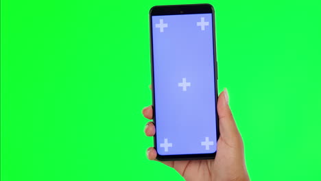 Frau,-Hände-Und-Telefon-Auf-Grünem-Bildschirm-Für-Soziale-Zwecke